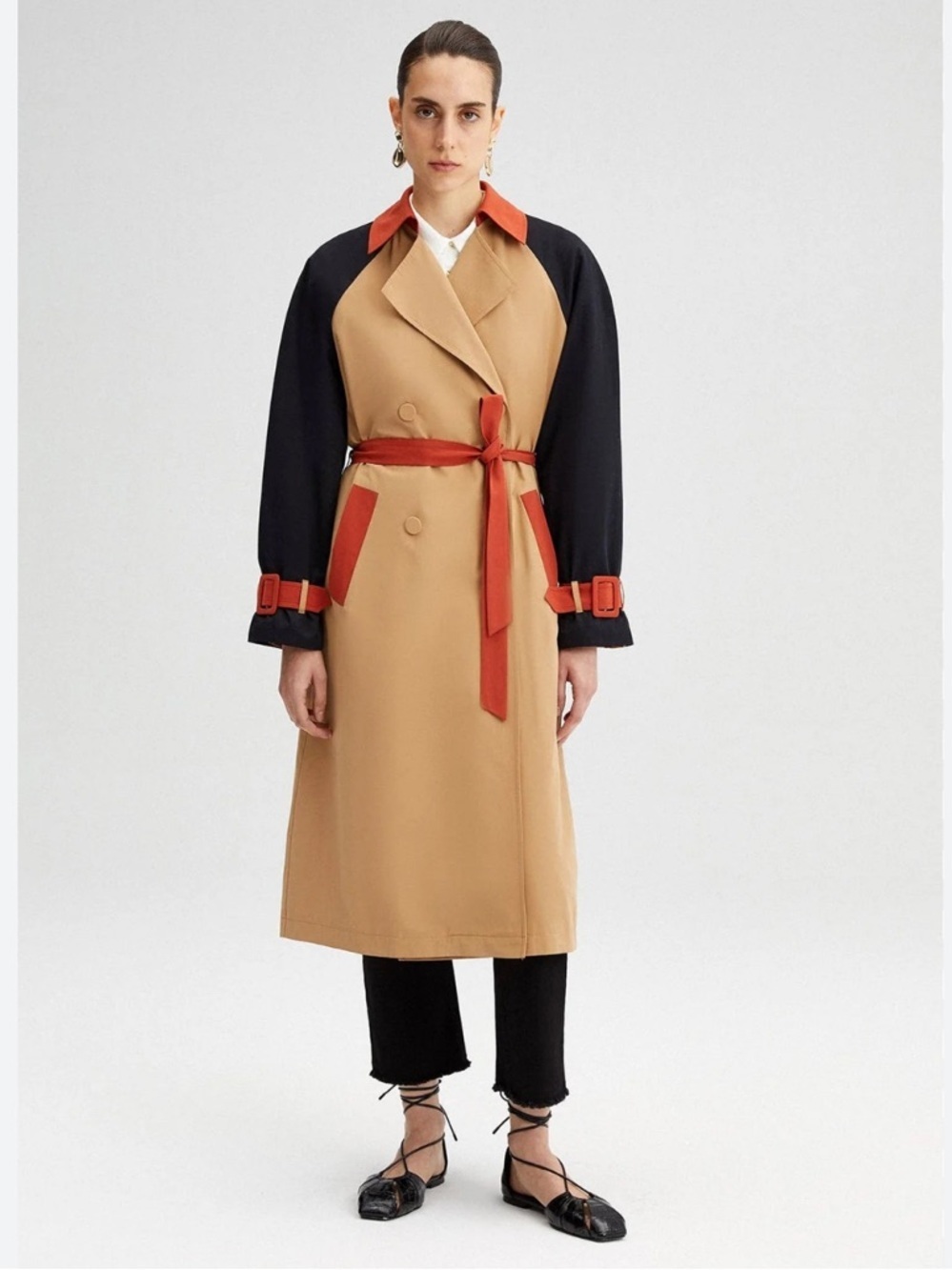 Touchè Colorblock Trench Coat in Camel, Black & Rust Women’s Size 42/US 10